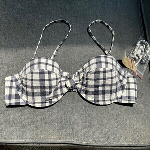 NWT J.Crew Underwire Bikini Top, Navy Gingham, size 32C with removable straps